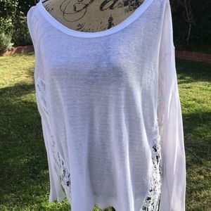 Free people pink and white with lace inset sweater